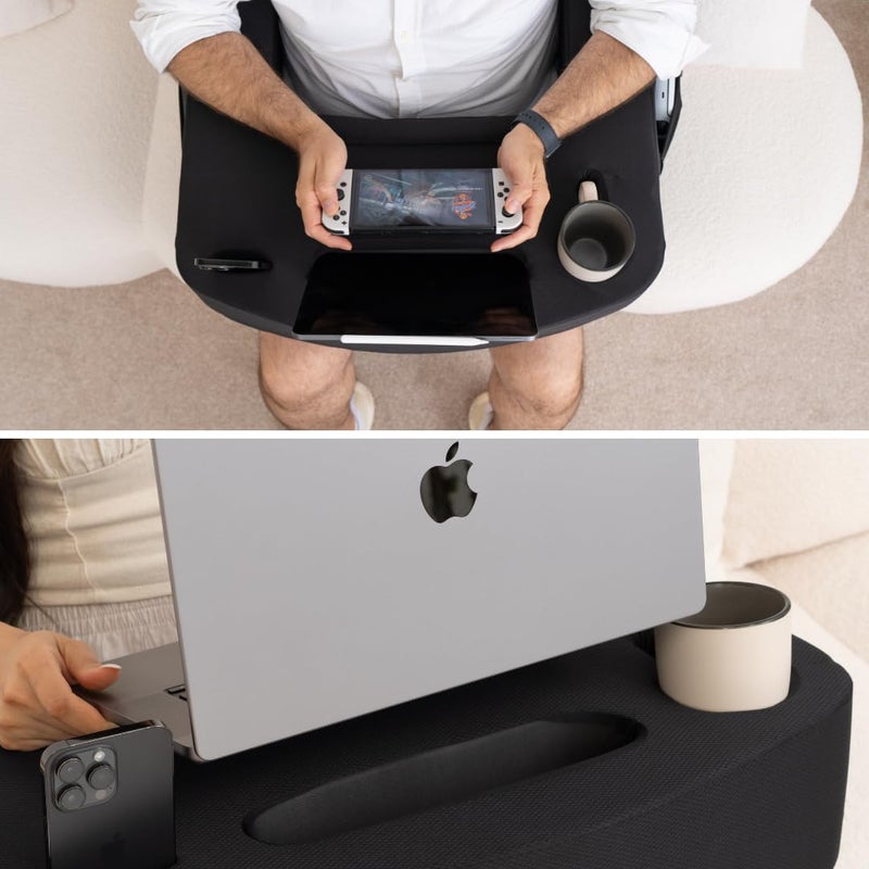 TabCouchCaddy Reading Pillow for Gaming - Extra Large Lap Desk & Arm Rest with Cup & Phone Holder  Adjustable Heights  Laptop Support  Large Pockets - Comfortable for Work  Gaming & Crocheting (Black) - Image 2